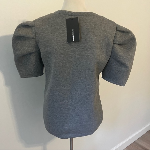 Fashion Nova “Boys Lie” Sequin Graphic Top Gray Sz Small NWT puff body sleeve - Picture 2 of 6